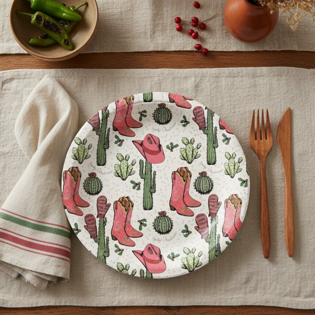Prato De Papel Ivory Western Xmas Cowgirl Boots Howdy Natal (Ivory Country Christmas Paper Plates Western Howdy Christmas Cowgirl Boots, Hat, Cacti Holly Berries)