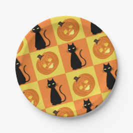 Prato De Papel Jack-o’-lantern and cat paper plates.