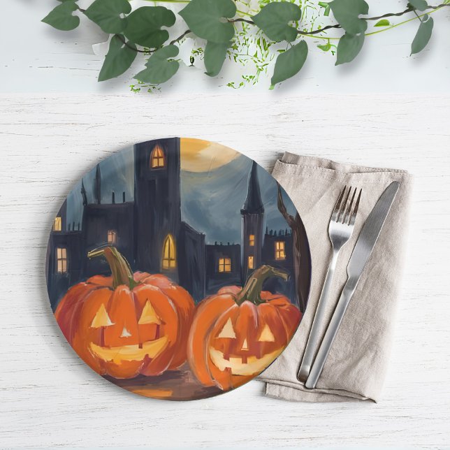Prato De Papel Jack-O-Lantern Fright | Halloween Spooky Pintado (Criador carregado)