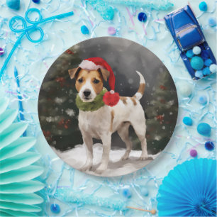 Prato De Papel Jack Russell Dog no Natal da Neve