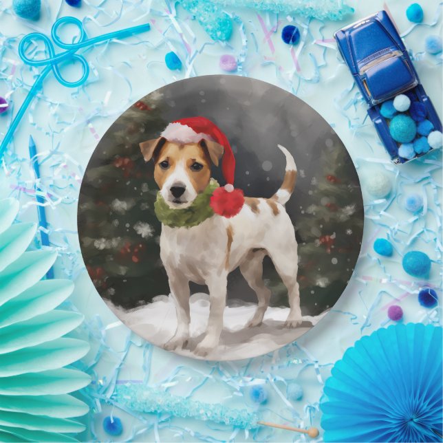 Prato De Papel Jack Russell Dog no Natal da Neve (Festa)