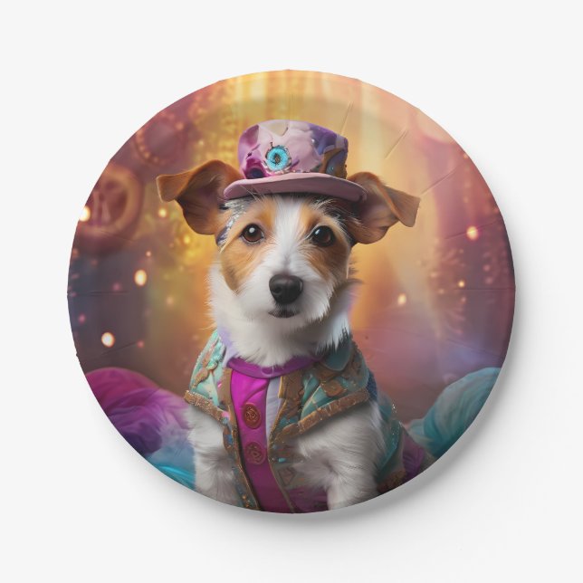 Prato De Papel Jack Russell em uma fantasia colorida (Frente)