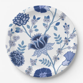 Prato De Papel Jacobean Floral Lg Pattern Blues em Branco