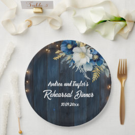 Prato De Papel Jantar de Ensaios Floral Branco de Madeira Azul Rú