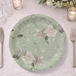 Prato De Papel Jantar Floral Rosa Vintage Verde Salvia