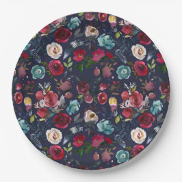 Prato De Papel Janto de Casamento Floral do marinho Burgundy Merl