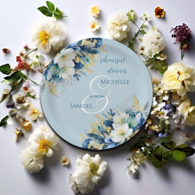 Prato De Papel Janto de Ensaio Floral com Dourado Brilho Dusty Az (Criador carregado)