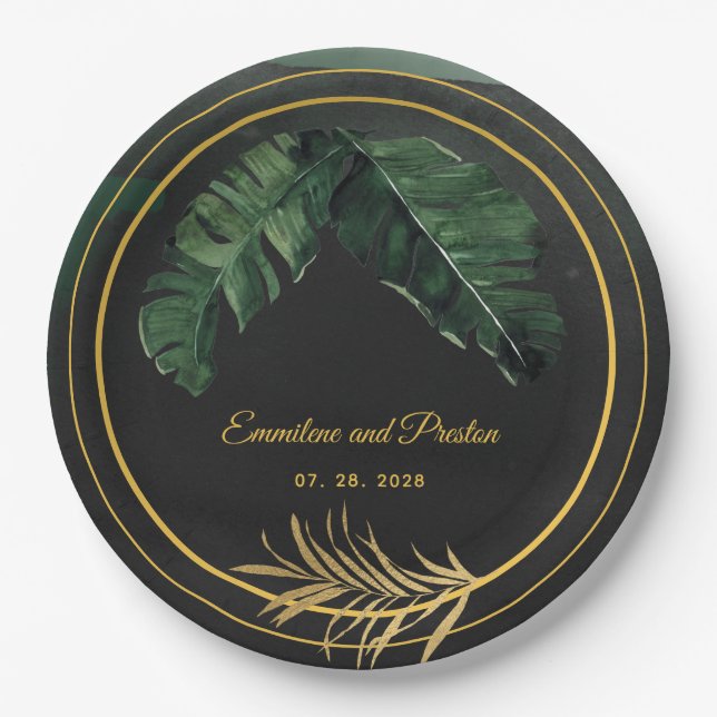 Prato De Papel Janto Tropical Palm Wedding 9 Polegadas (Frente)