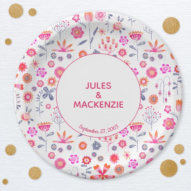 Prato De Papel Jardim de Flor Rosa Moderno (Modern floral pink wedding party paper plates)