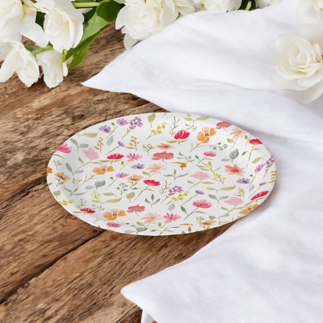Prato De Papel Jardim de flores silvestres boho festa de chá de n (Boho wildflowers garden floral bridal shower party paper plates)
