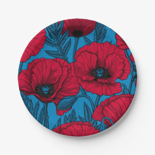 Prato De Papel Jardim de papoila vermelho em azul