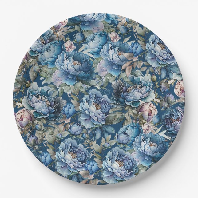 Prato De Papel Jardim floral de flores de ervilha azul (Frente)