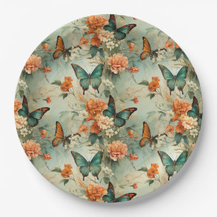 Prato De Papel Jardim Floral Laranja Borboleta Teal Vintage