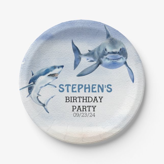 Prato De Papel Jawsome Excelente White Shark Birthday Watercolor (Frente)