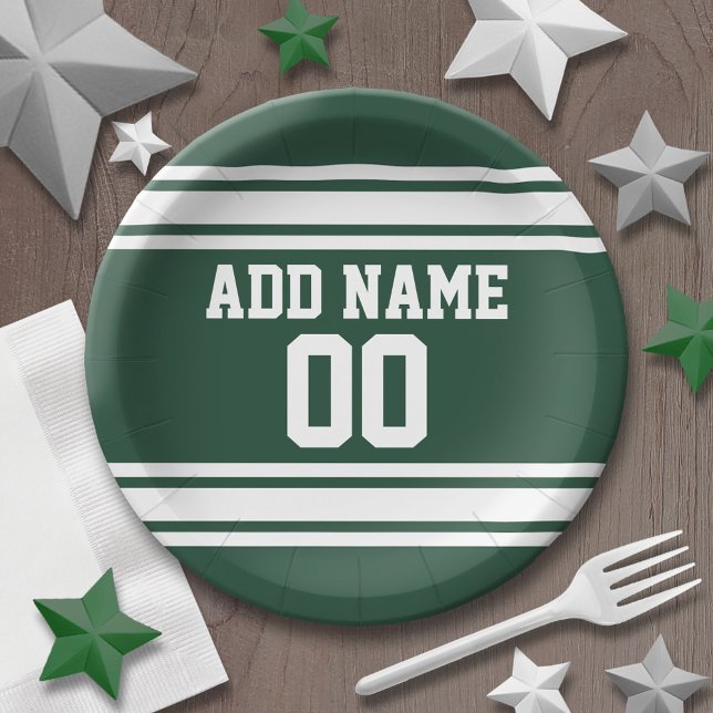 Prato De Papel Jersey Personalizada dos Esportes Verdes e Brancos (Personalized party plates - sports theme for birthday or any occasion)