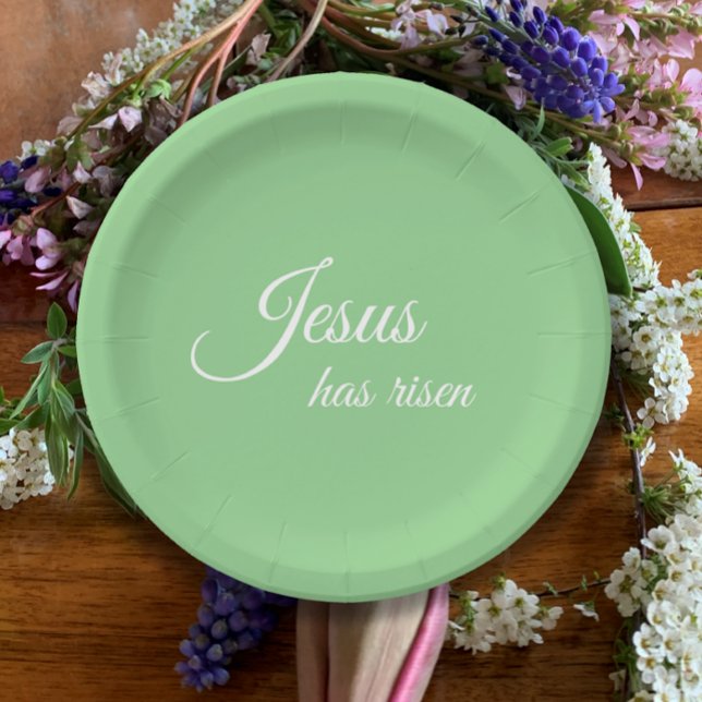 Prato De Papel Jesus Aumentou a Elegante Páscoa Cristã Verde (Jesus has risen custom elegant script on mint green paper plates. Easter Christian party table set.
)
