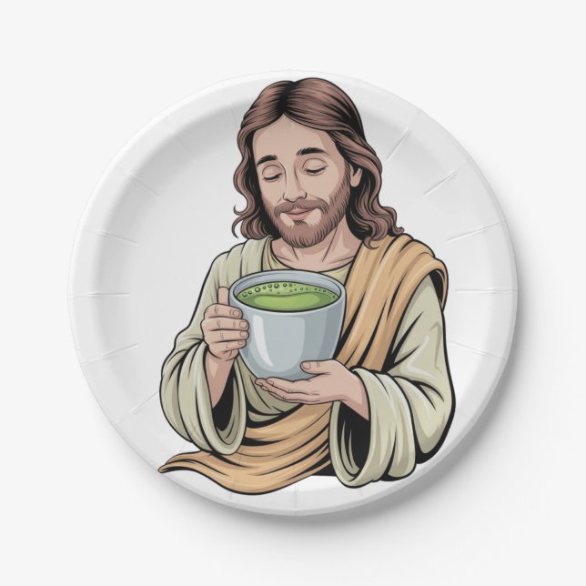 Prato De Papel Jesus Bebendo Matcha Cristão  (Frente)