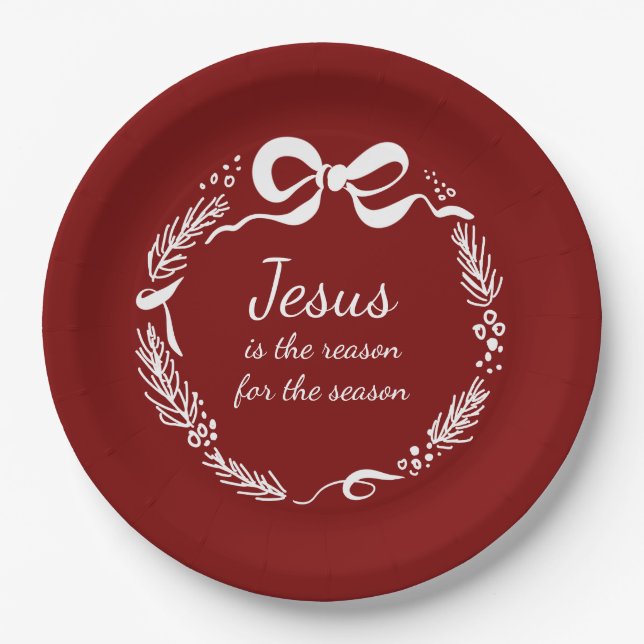 Prato De Papel Jesus is the Reason | Hand Drawn Bow Red Christmas (Frente)
