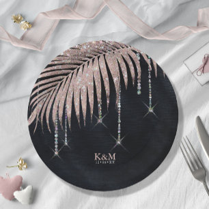 Prato De Papel Jewel Palm Leaf Wedding Rosa Dourado/Marinho ID830