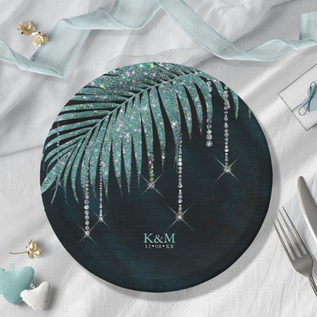 Prato De Papel Jewel Palm Leaf Wedding Teal ID830 (Criador carregado)