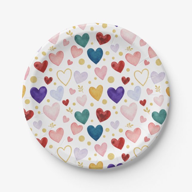 Prato De Papel Jewel Tone Jubilee Watercolor Hearts (Frente)