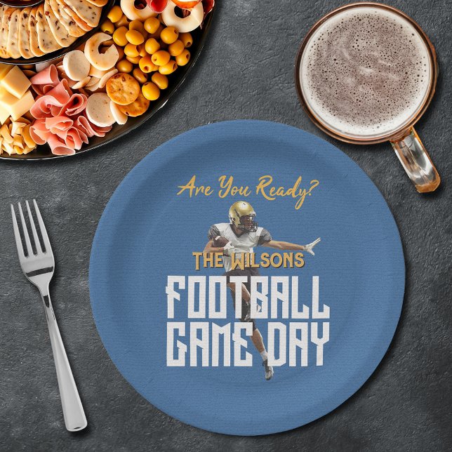Prato De Papel Jogo no Jogador de Futebol de Azul (Game on football player on blue paper plates)