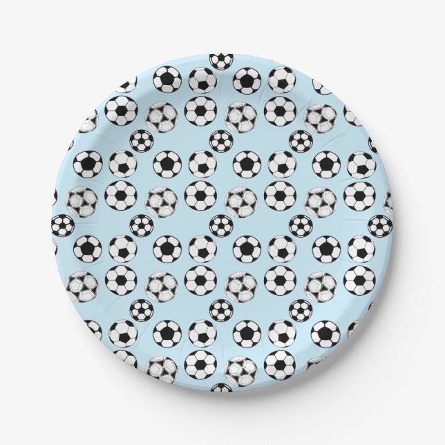 Prato De Papel Jovens jogam futebol com bola azul (Frente)