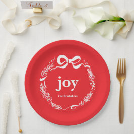 Prato De Papel Joy Custom Red Modern Whimsical Bow Christmas