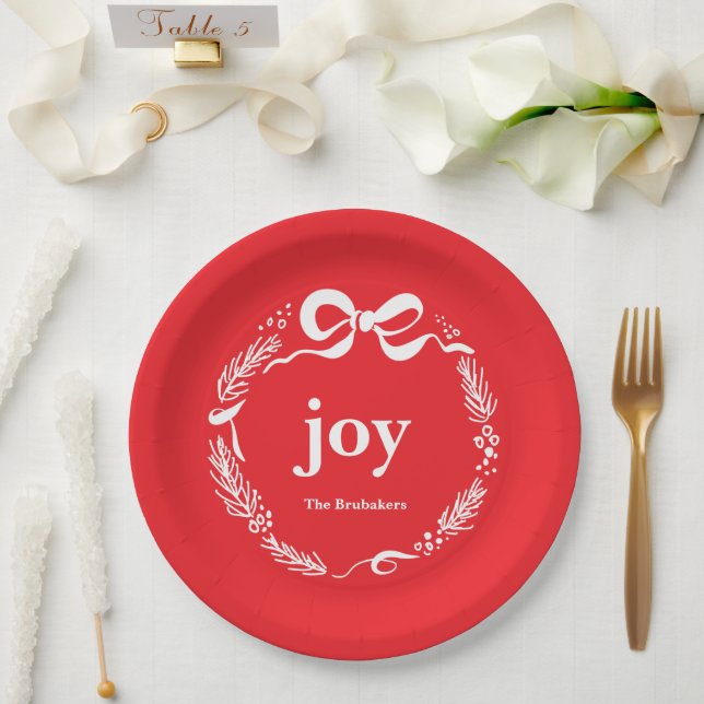 Prato De Papel Joy Custom Red Modern Whimsical Bow Christmas (Casamento)