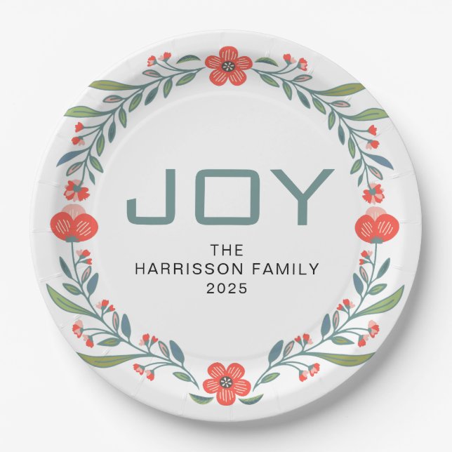 Prato De Papel Joy Floral Christmas Wreath Family Custom Name (Frente)