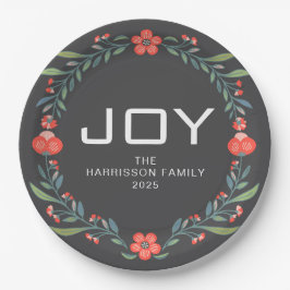 Prato De Papel Joy Floral Christmas Wreath Family Custom Name