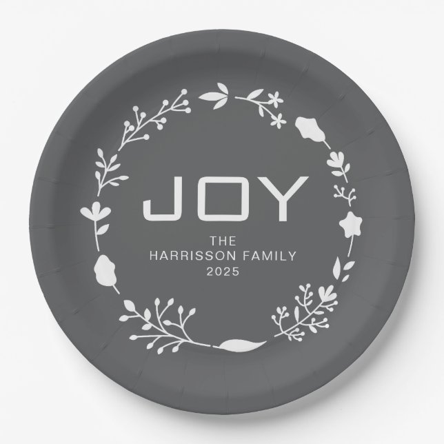 Prato De Papel Joy Floral Christmas Wreath Family Custom Name (Frente)
