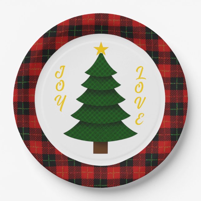 Prato De Papel Joy-Love-Custom Plaid Christmas Tree (Frente)