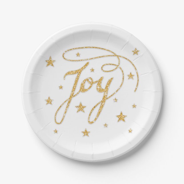 Prato De Papel Joy Text Faux Dourado Glitter Look Com Estrelas (Frente)