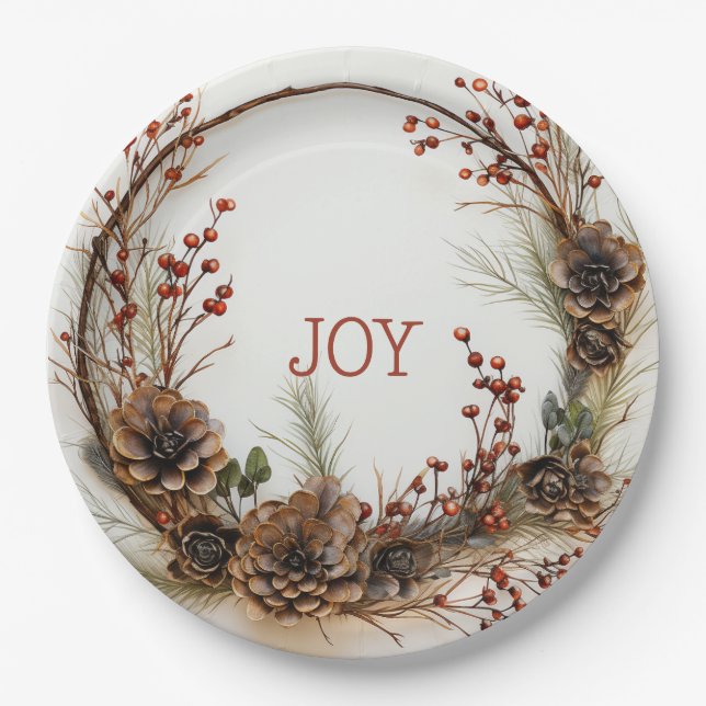 Prato De Papel Joy Twig Wreath Pine Cones Red Berries (Frente)