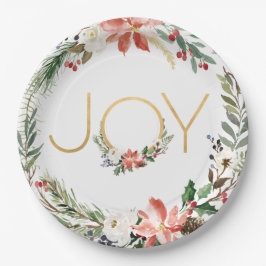 Prato De Papel Joy Watercolor Floral Wreath com Dourado | Natal