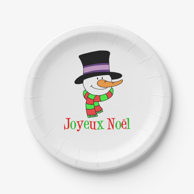 Prato De Papel Joyeux Noel Francês Cartoon Snowman Natal (Frente)