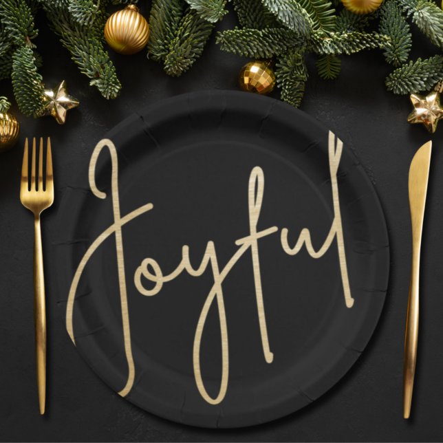 Prato De Papel JOYFUL Gold Faux Foil Black Holiday (Criador carregado)