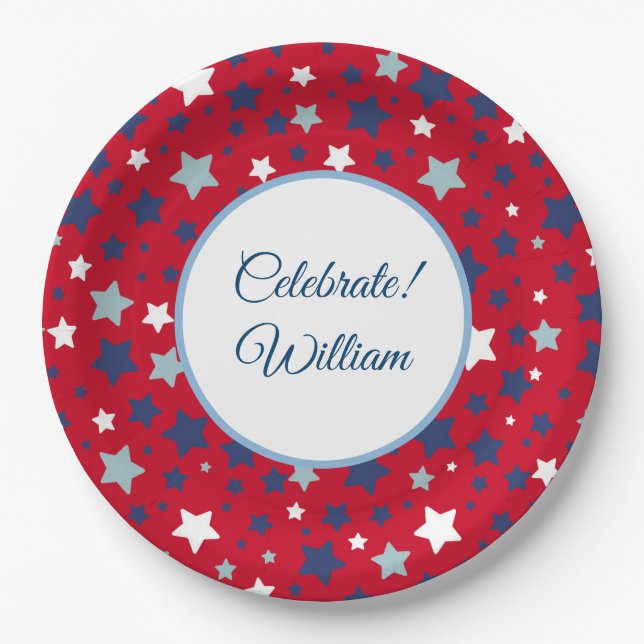 Prato De Papel Julho Personalizar Nome Azul Branco Vermelho (Frente)