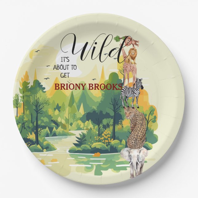 Prato De Papel Jungle Safari "It's About To Get Wild" Baby Shower (Frente)