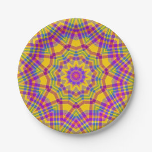 Prato De Papel Kaleidoscópio Xadrez Amarelo Piquenique de Verão