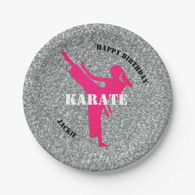 Prato De Papel Karate Girl Glitter Feliz Aniversário Plates (Frente)