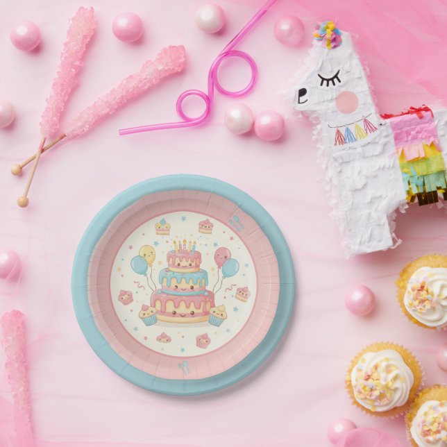 Prato De Papel Kawaii Birthday - Cute Cake and Cupcakes (Festa)