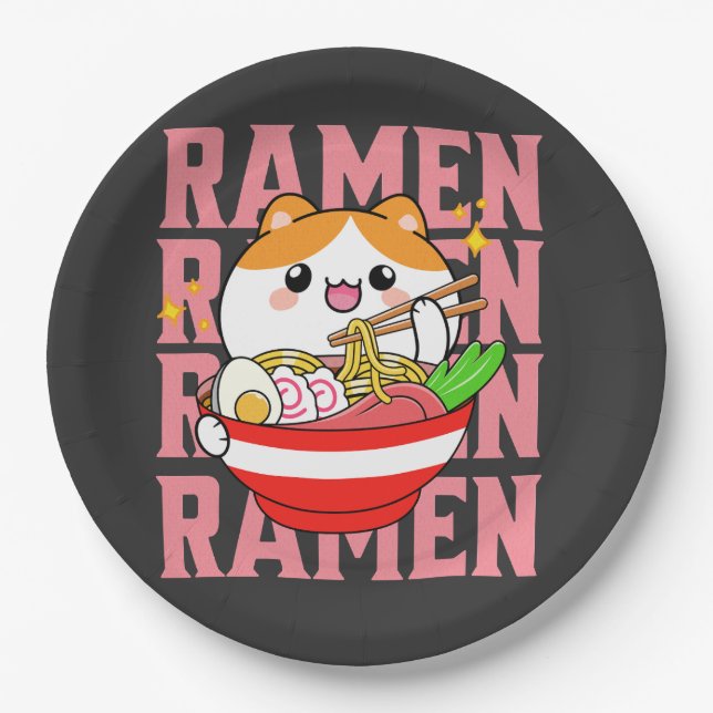 Prato De Papel Kawaii Cat comendo Ramen (Frente)