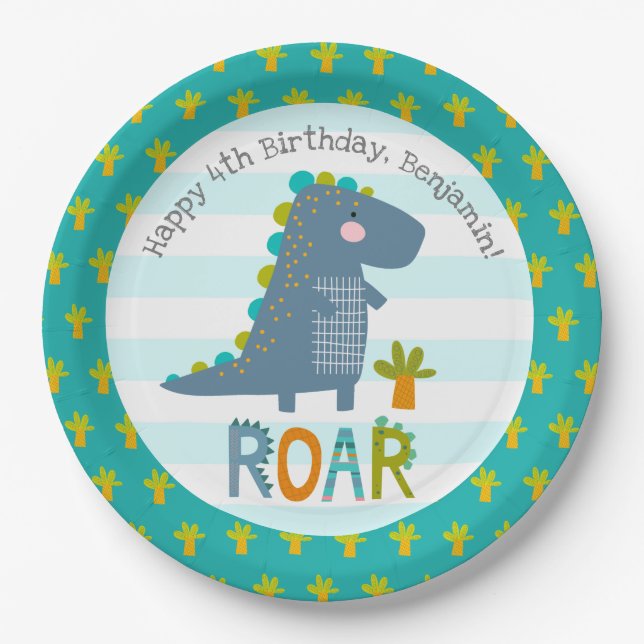 Prato De Papel Kawaii Dinossaur Roar Boy Cute Blue (Frente)