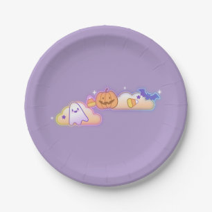 Prato de Papel Kawaii Fantasma, Abóbora e Morcego