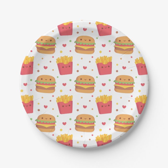 Prato De Papel Kawaii Fries e Burger Patterno (Frente)
