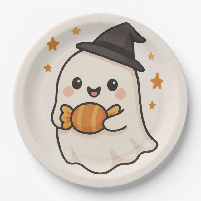 Prato De Papel Kawaii Ghost com o Halloween Candy (Frente)
