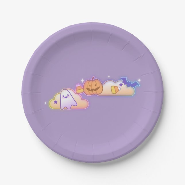 Prato De Papel Kawaii Ghost, Pumpkin & Bat Halloween Paper Plate (Frente)