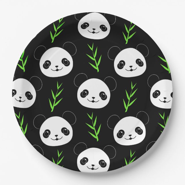 Prato De Papel Kawaii Panda Pattern Bamboo Em Verde Branco Negro (Frente)